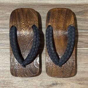 Vintage Japanese Geta Wooden Sandals Kimono Yukata Platform Clogs Brown Blue